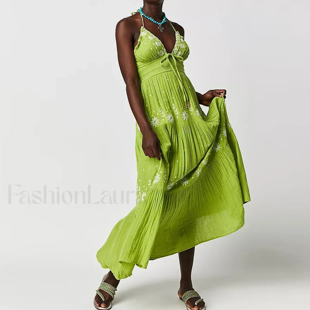 Backless Halter Embroidery Boho Dress color 9 / S