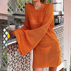 Backless Halter Long Sleeve Cover Up Orange / One Size
