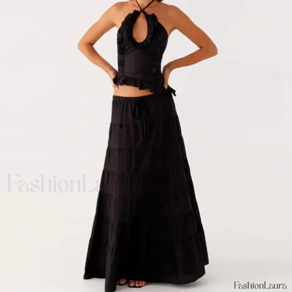Backless Halter Tiered Skirt Two Piece Set black / S
