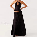 Backless Halter Tiered Skirt Two Piece Set black / S