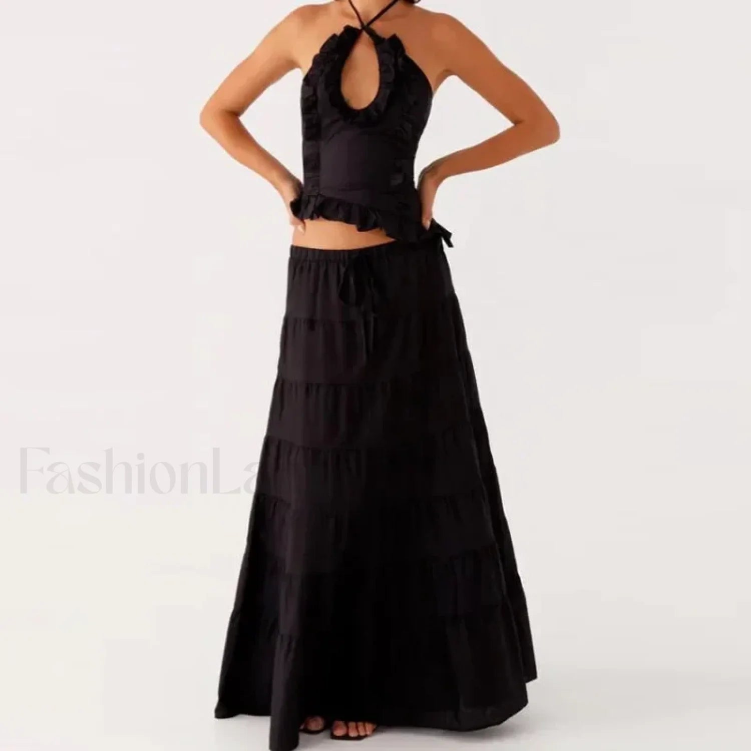 Backless Halter Tiered Skirt Two Piece Set black / S
