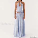 Backless Halter Tiered Skirt Two Piece Set Blue / S