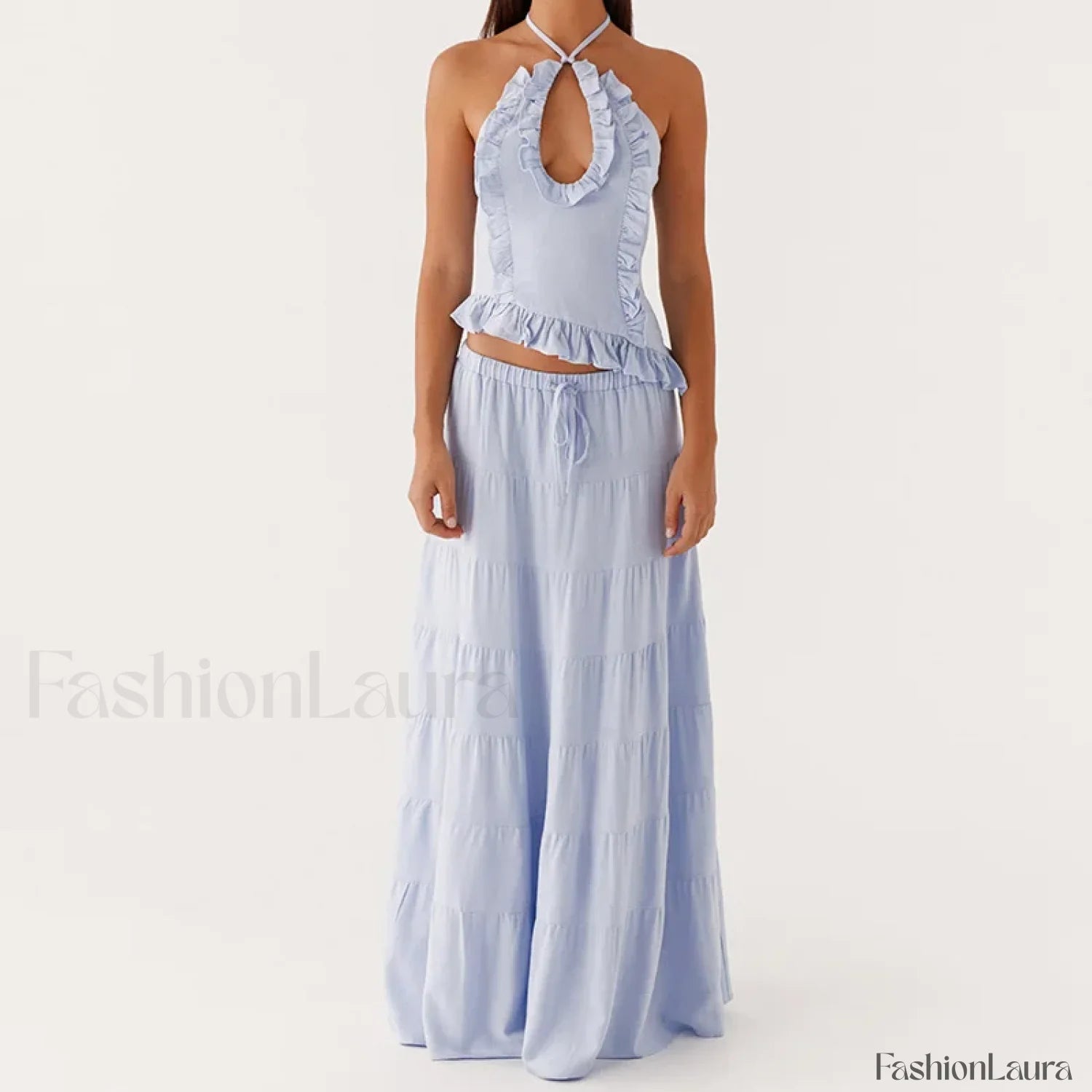 Backless Halter Tiered Skirt Two Piece Set Blue / S