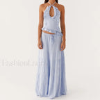 Backless Halter Tiered Skirt Two Piece Set Blue / S