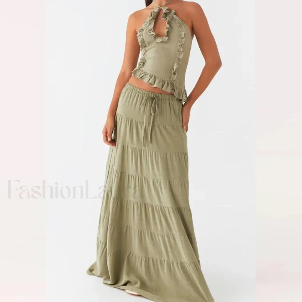 Backless Halter Tiered Skirt Two Piece Set green / S
