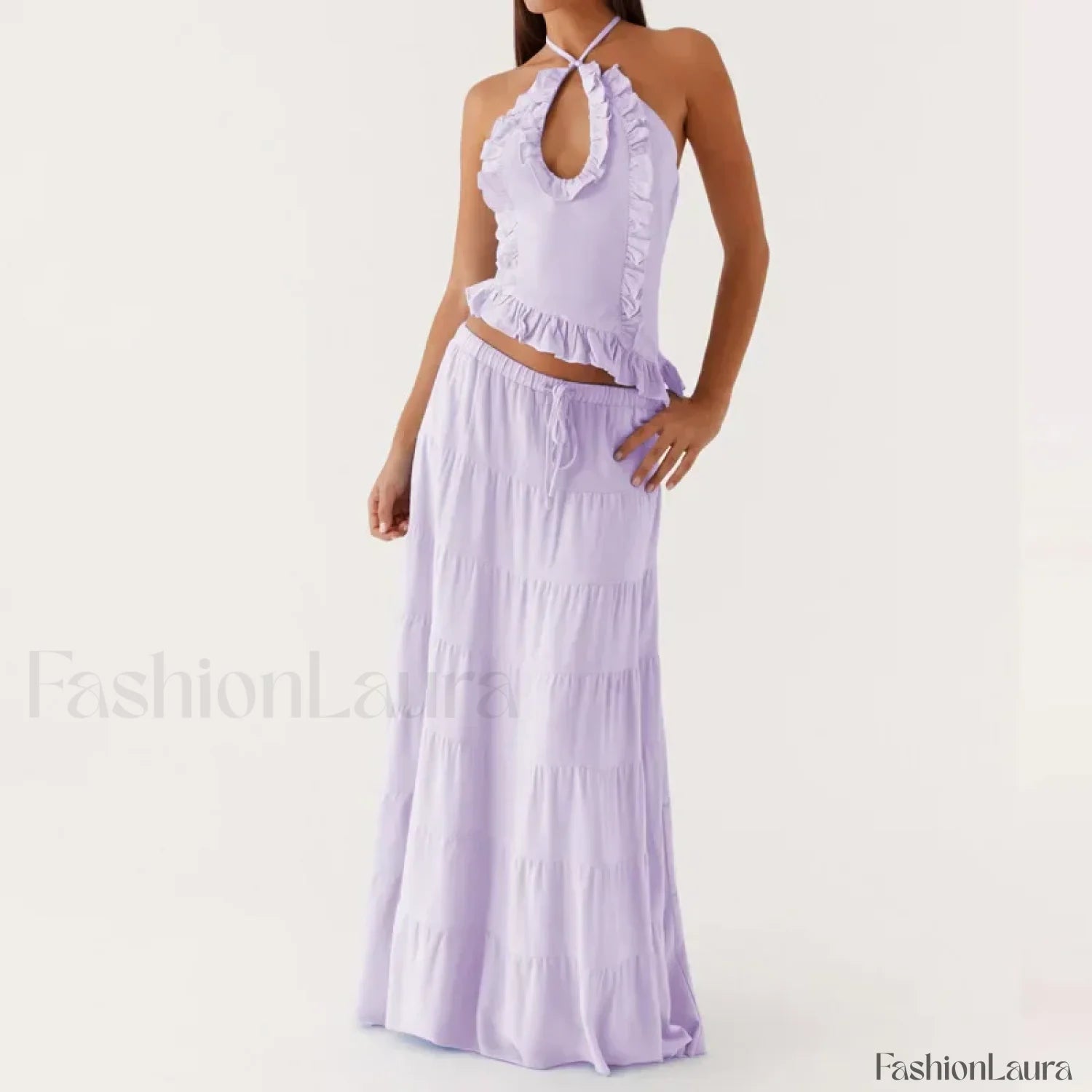 Backless Halter Tiered Skirt Two Piece Set light purple / S