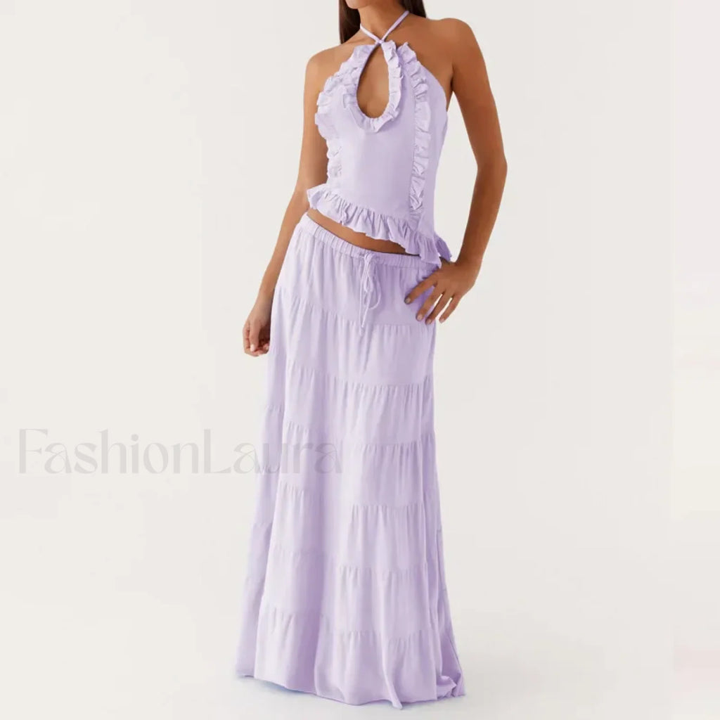 Backless Halter Tiered Skirt Two Piece Set light purple / S
