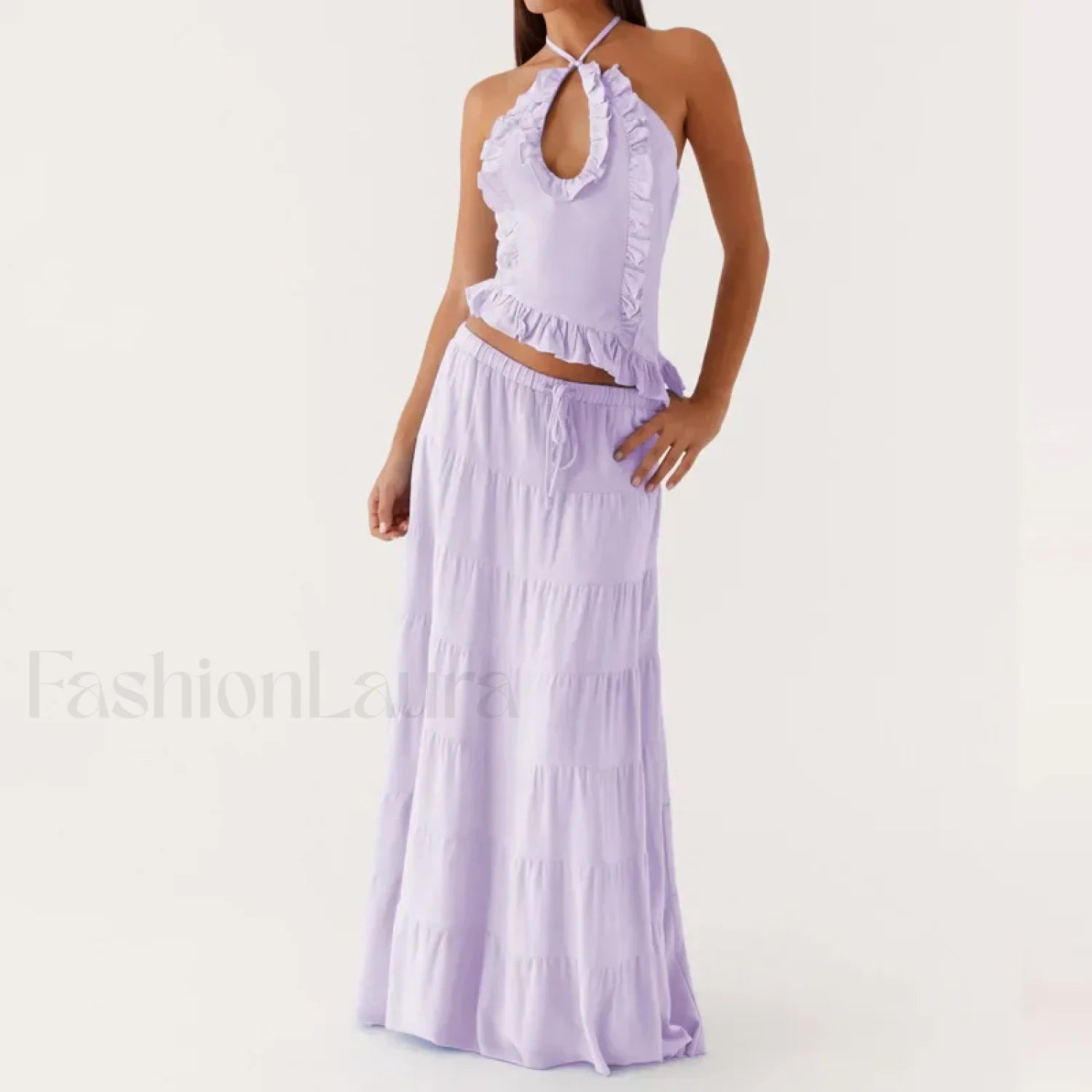 Backless Halter Tiered Skirt Two Piece Set light purple / S
