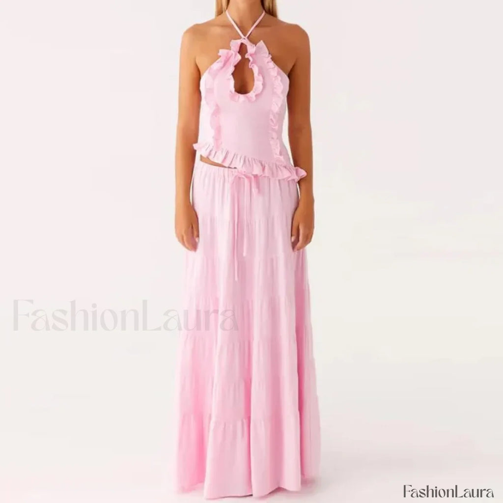 Backless Halter Tiered Skirt Two Piece Set pink / S