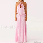 Backless Halter Tiered Skirt Two Piece Set pink / S