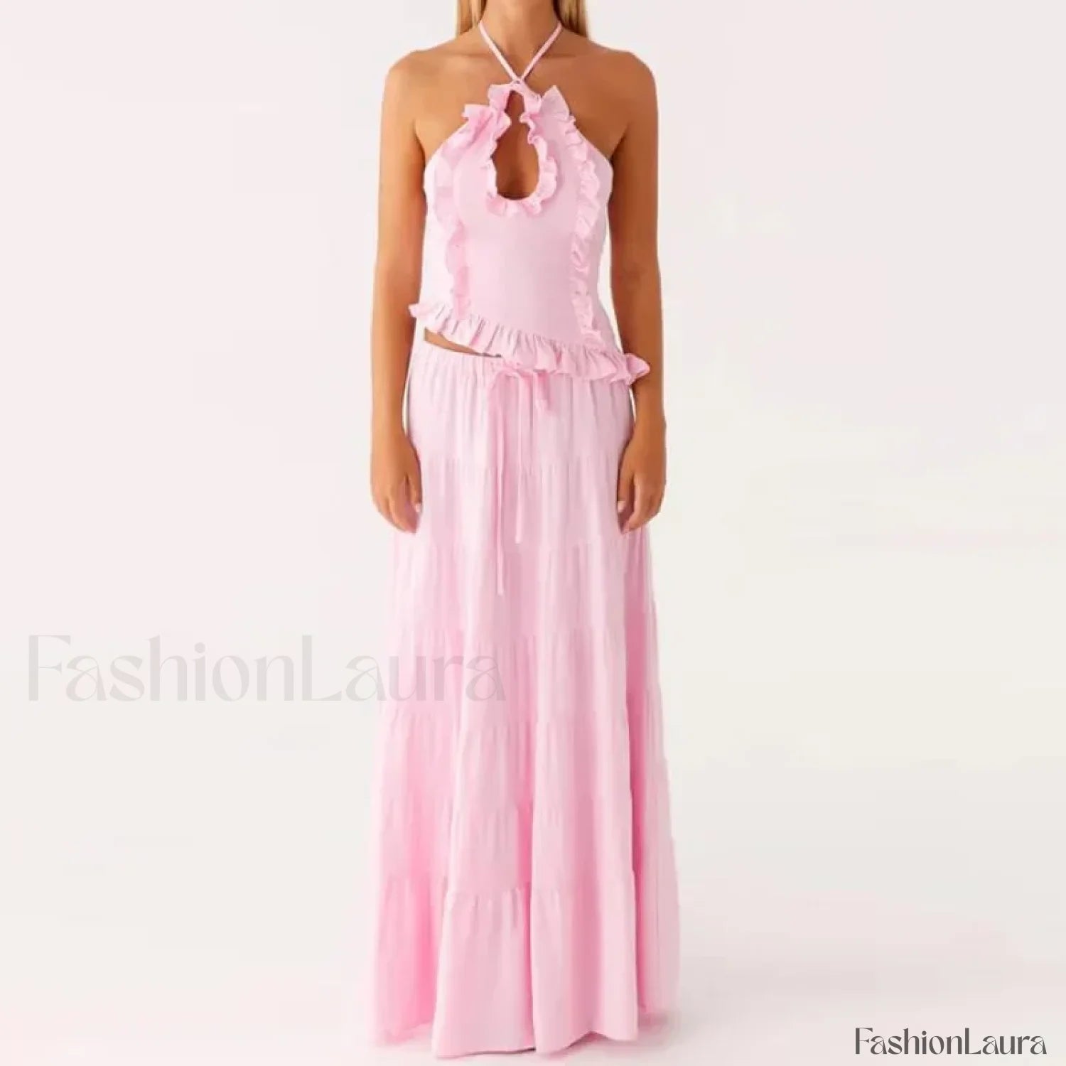 Backless Halter Tiered Skirt Two Piece Set pink / S
