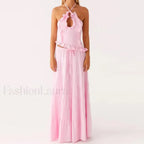 Backless Halter Tiered Skirt Two Piece Set pink / S