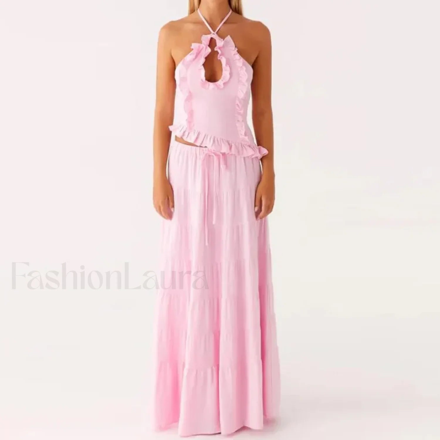 Backless Halter Tiered Skirt Two Piece Set pink / S