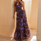 Backless Halter Tiered Skirt Two Piece Set purple / S