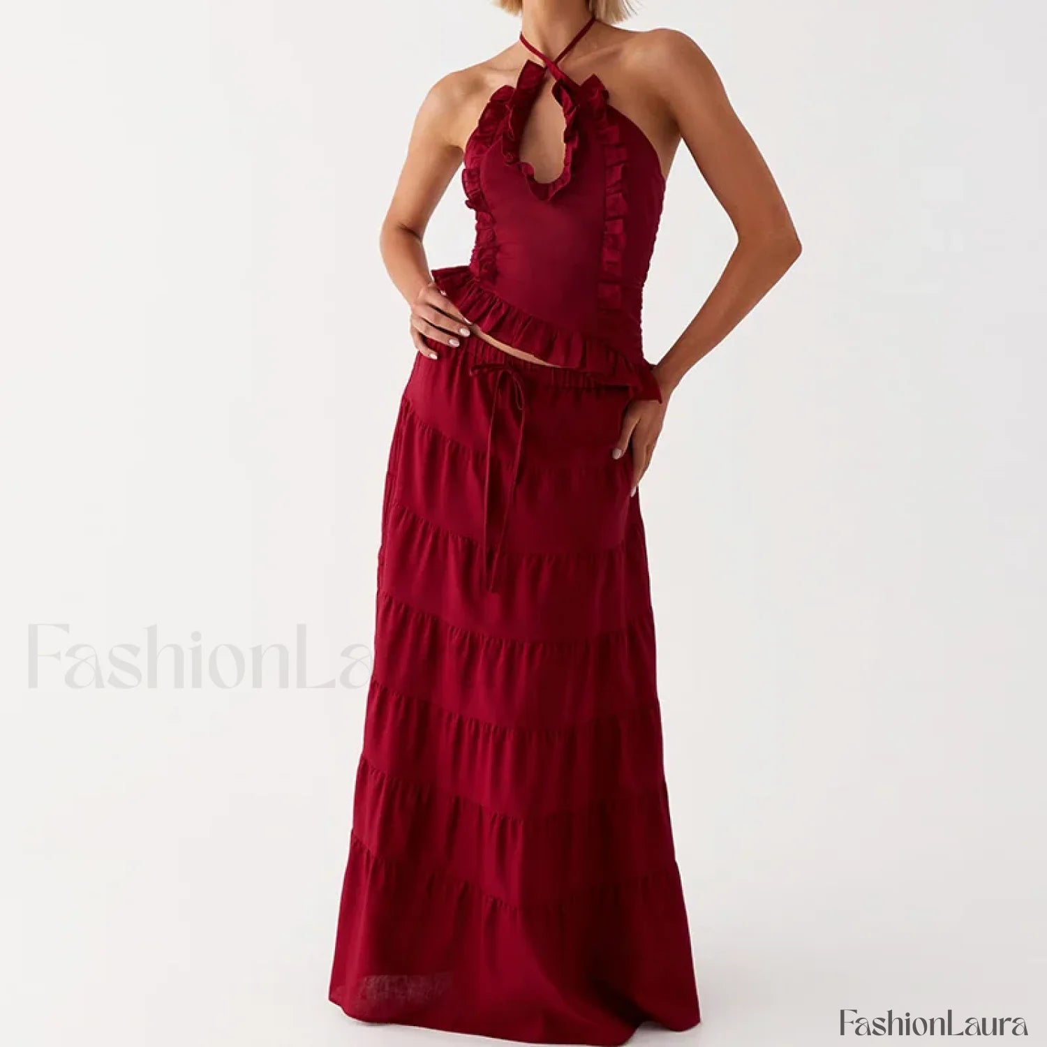 Backless Halter Tiered Skirt Two Piece Set Red / S