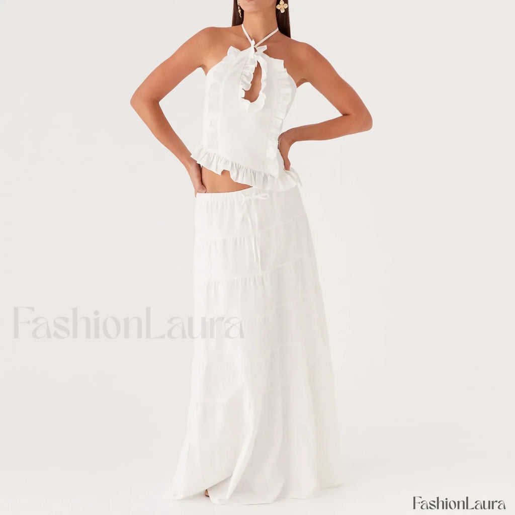 Backless Halter Tiered Skirt Two Piece Set WHITE / S