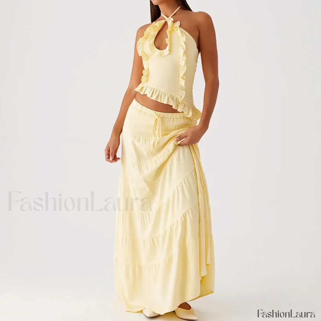Backless Halter Tiered Skirt Two Piece Set Yellow / S