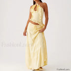 Backless Halter Tiered Skirt Two Piece Set Yellow / S