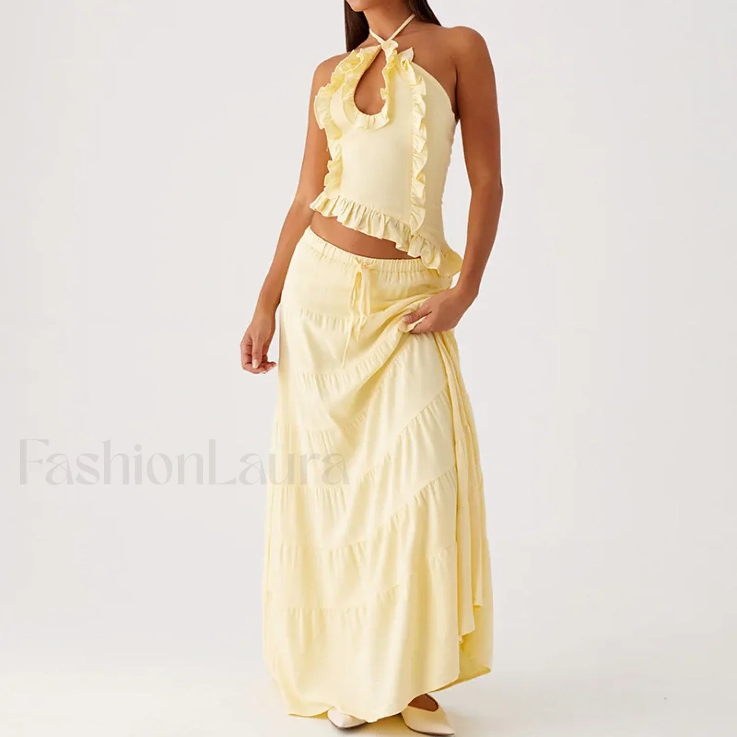 Backless Halter Tiered Skirt Two Piece Set Yellow / S Main image