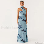 Backless High Waist Floral Dress Beige / S