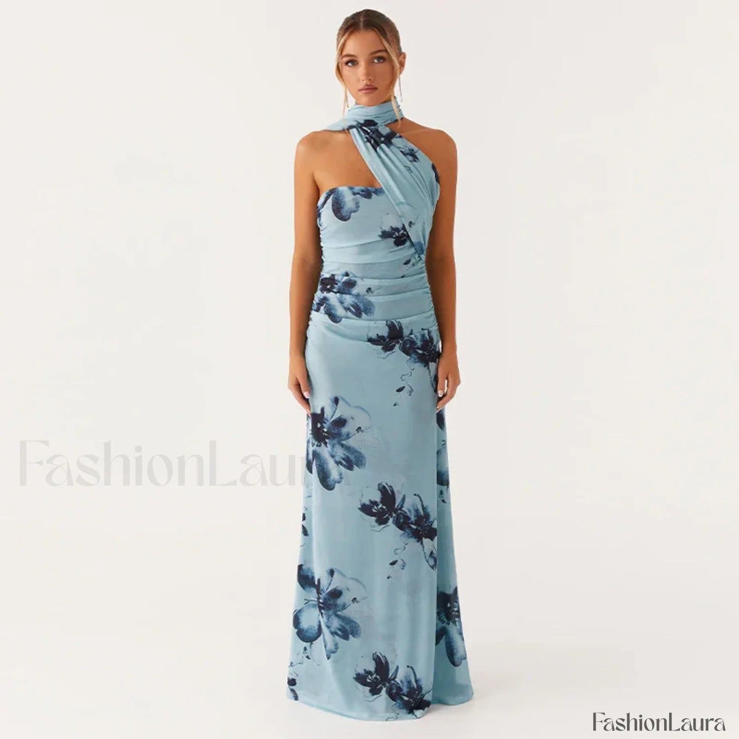 Backless High Waist Floral Dress Beige / S