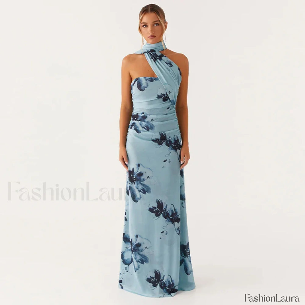 Backless High Waist Floral Dress Beige / S