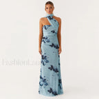 Backless High Waist Floral Dress Beige / S