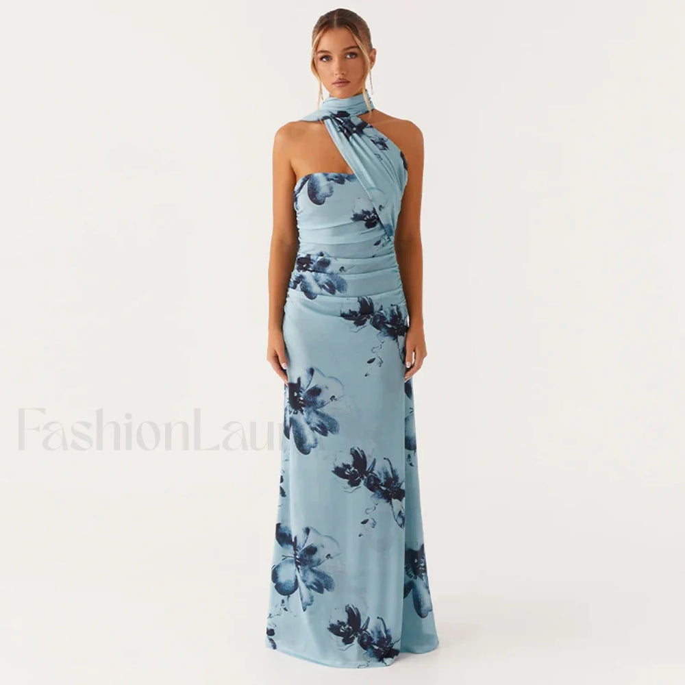Backless High Waist Floral Dress Beige / S