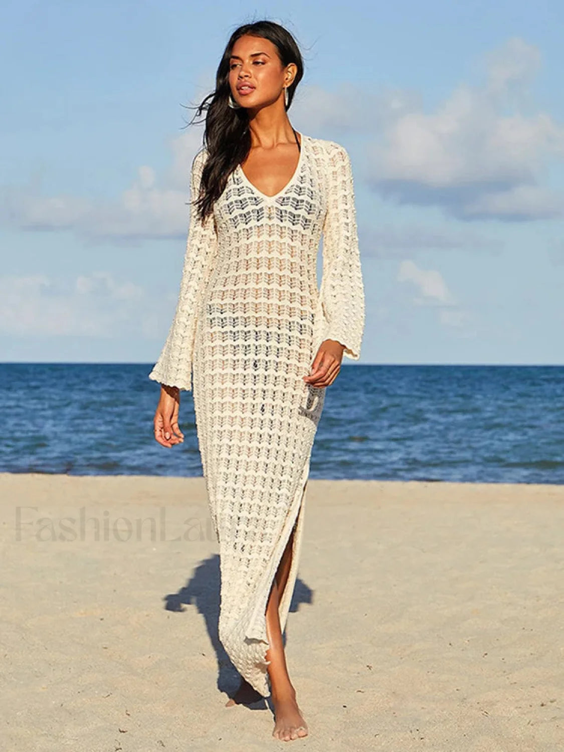 Backless Hollow Out Slit Cut Cover Up Beige / One Size