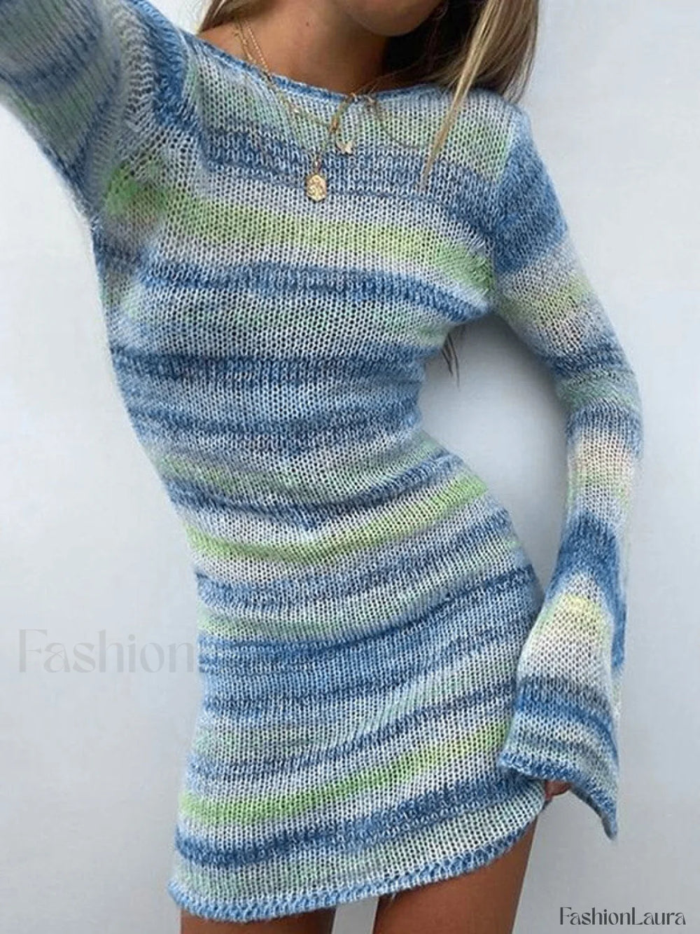 Backless Long Sleeve Striped Knit Mini Dress Blue / S Mini Dresses