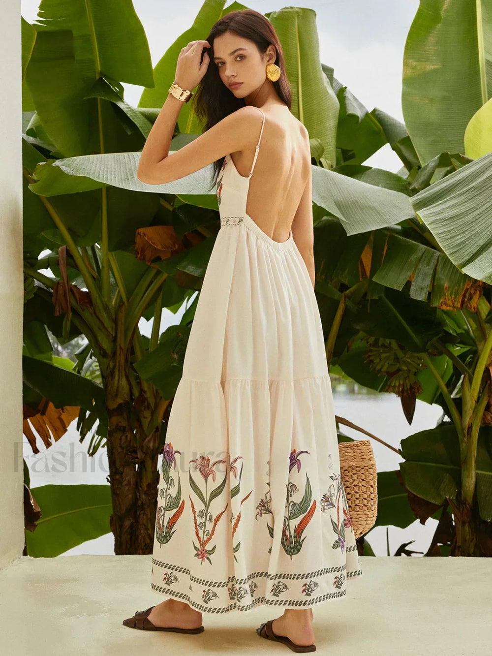 Backless Pleated Floral Dress Multicolor / XS Dresses