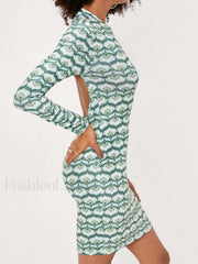 Backless Printed Long Sleeve Midi Dress Midi Dresses