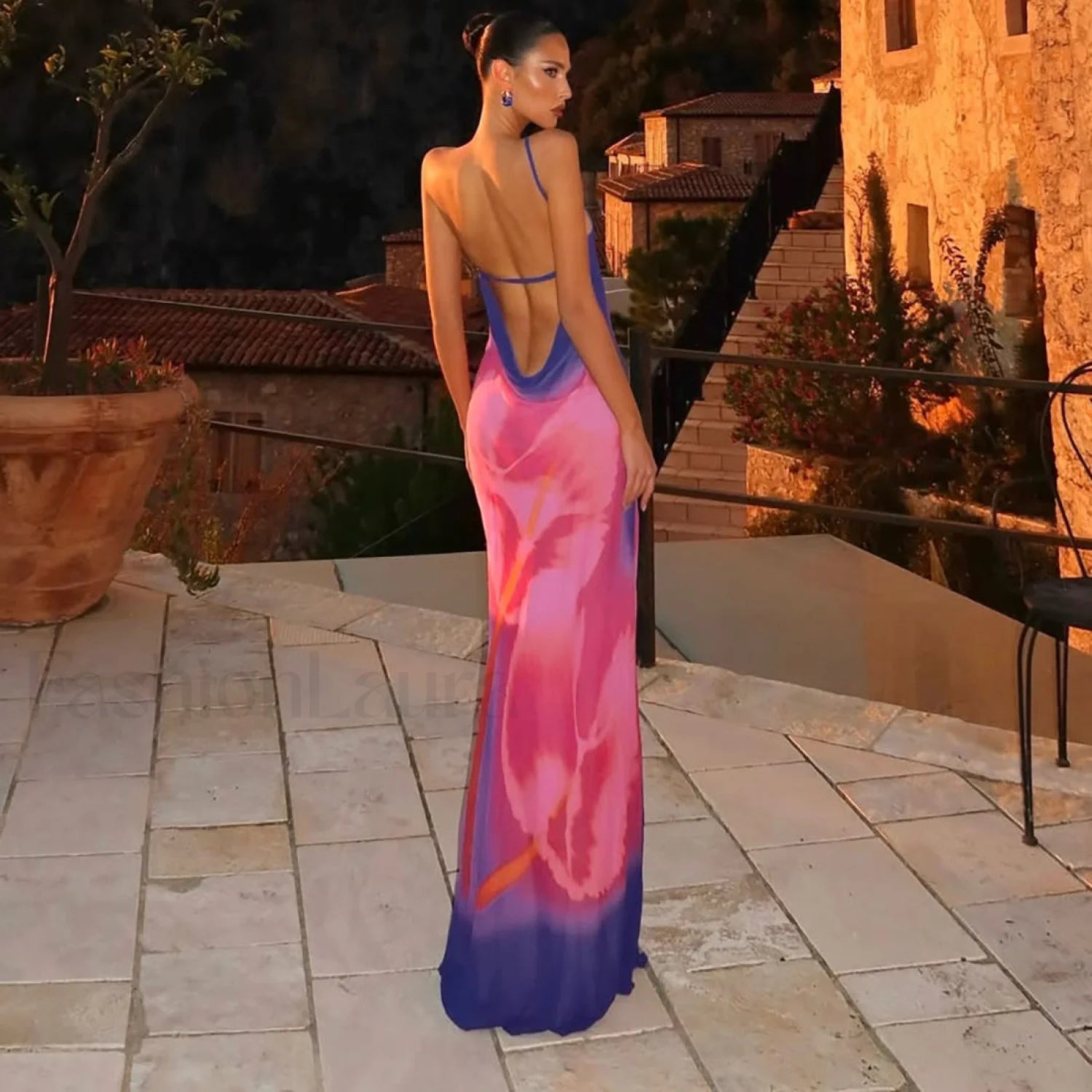 Backless Printed One-Shoulder Strappy Maxi Dress Secondary image