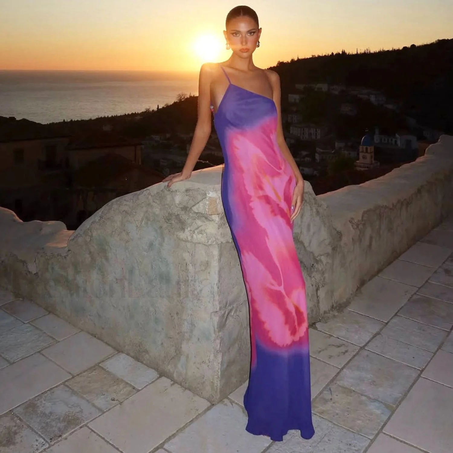 Backless Printed One Shoulder Strappy Maxi Dress Blue / S Main image