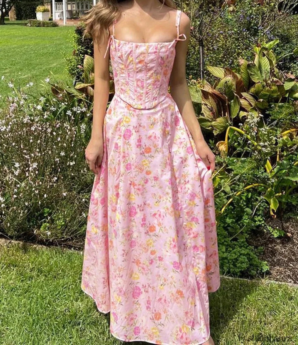 Backless Ribbed Spaghetti Floral Dress