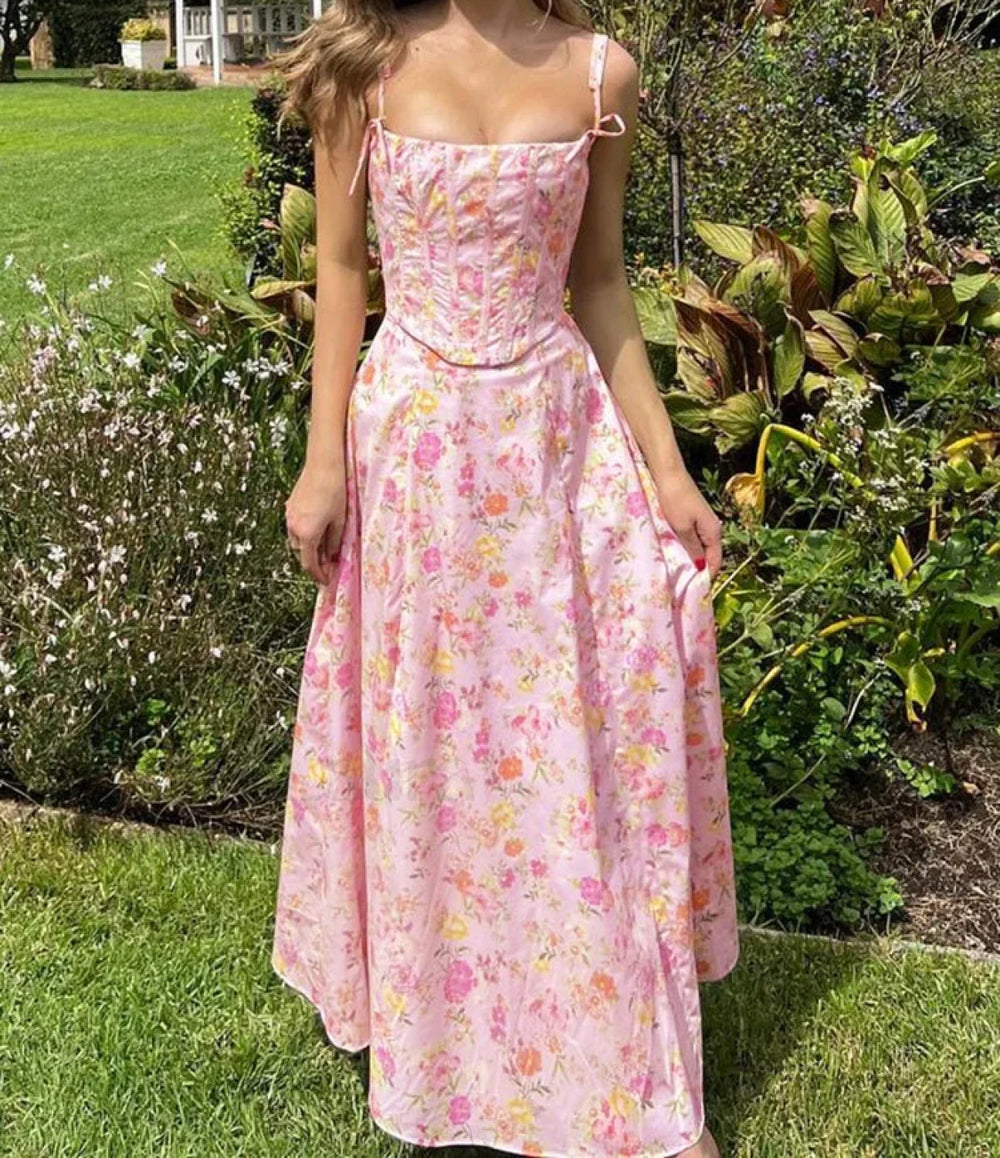 Backless Ribbed Spaghetti Floral Dress