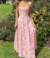 Backless Ribbed Spaghetti Floral Dress