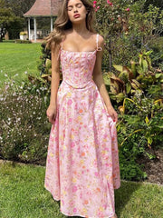 Backless Ribbed Spaghetti Floral Dress Pink / S