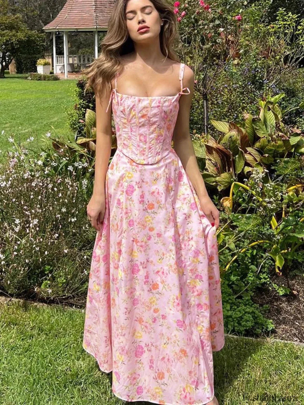 Backless Ribbed Spaghetti Floral Dress Pink / S