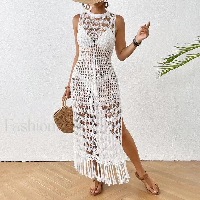Backless Tassel Solid Dress Cover Up WHITE / One Size Main image