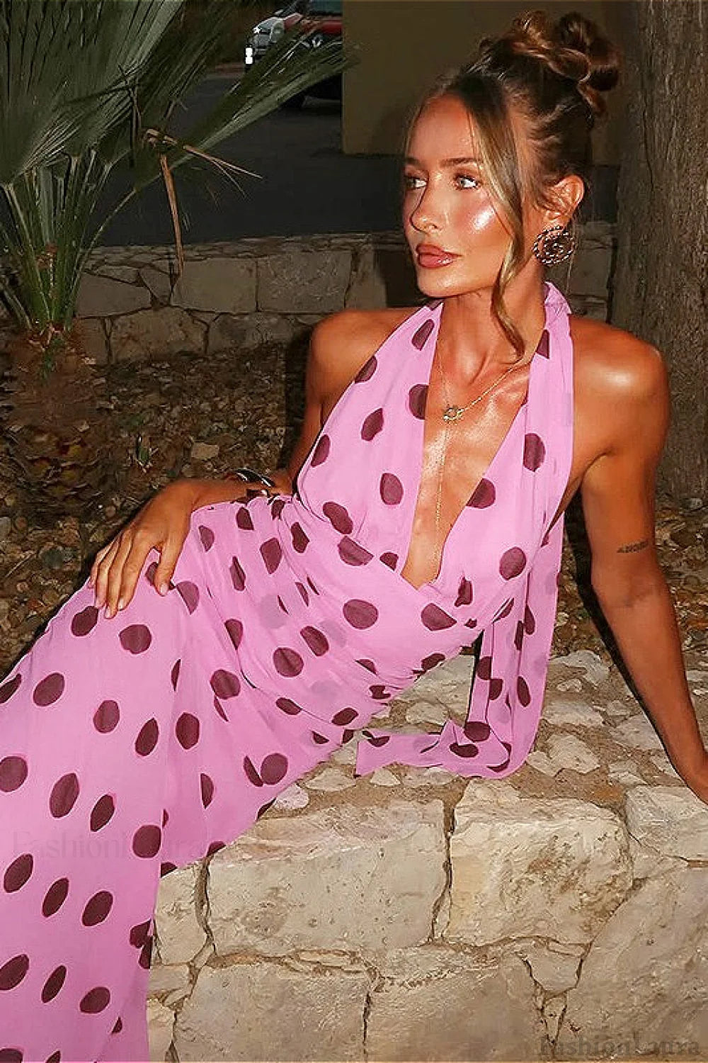 Backless Tie Waist Polka Dot Maxi Dress Main image