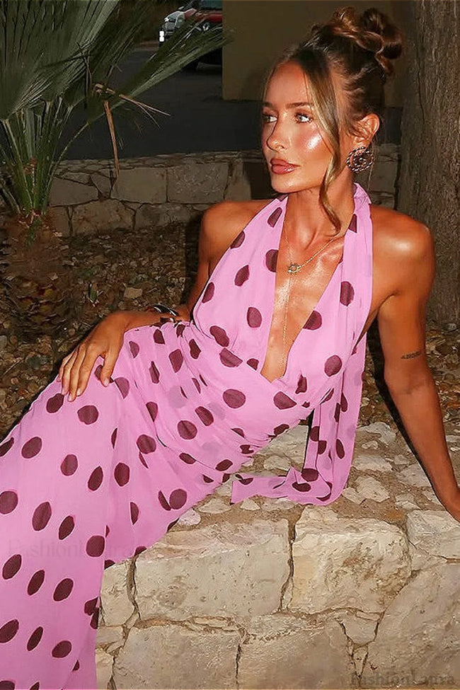 Backless Tie Waist Polka Dot Maxi Dress Main image