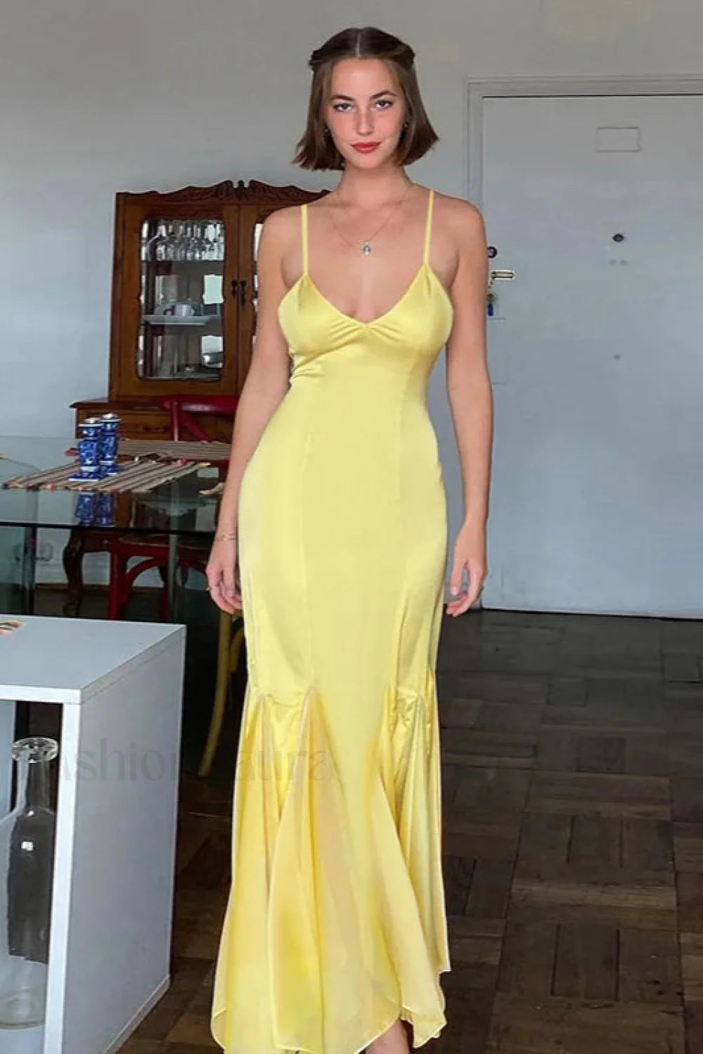 Backless Waist Slim Lotus French Temperament Suspender Maxi Dress Yellow / S Main image