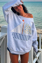 Sailboat Patchwork Off Shoulder Sweatshirt