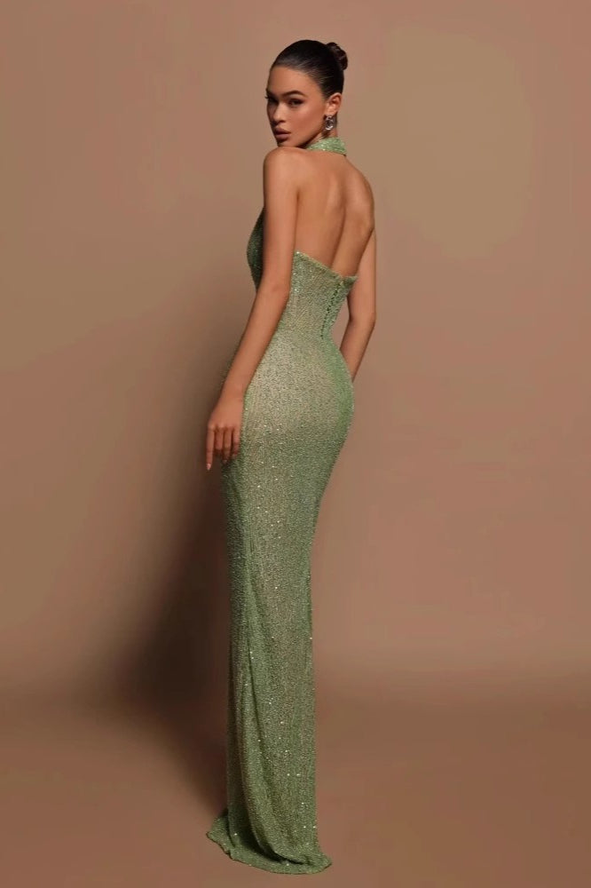 Sequin Plunging Halter Formal Dress