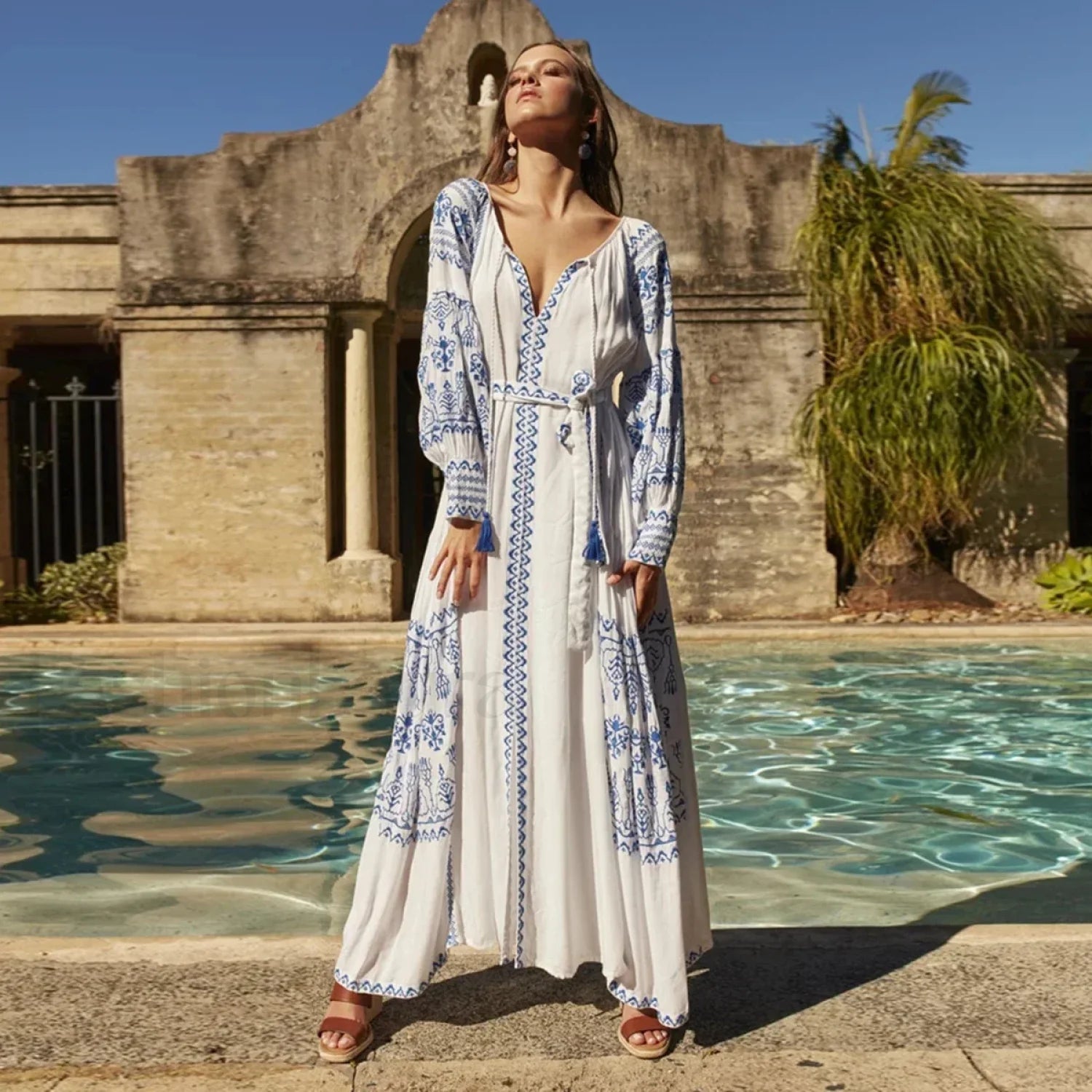 Bahia Embroidered Long Boho Dress WHITE / S Main image