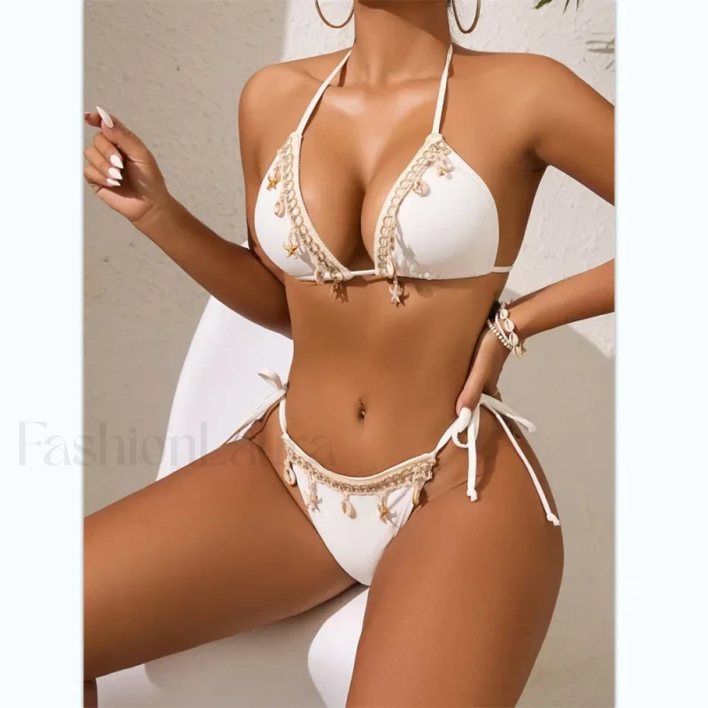 Bandage Low Waist Triangle Bikini Set WHITE1 / S