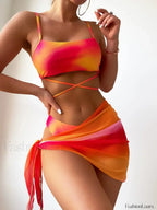 Bandeau Thong Skirt Three Piece Set Orange / S