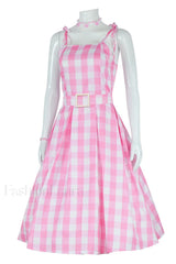 Barbie Movie Margot Charming Pink Plaid Check Dress