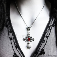 Baroque Large Silver Cross Pendant Necklace BLACK